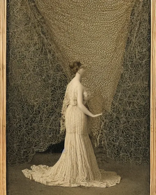 Image similar to a woman standing by the sea, made of intricate decorative lace leaf skeleton, in the style of the dutch masters and gregory crewdson, dark and moody