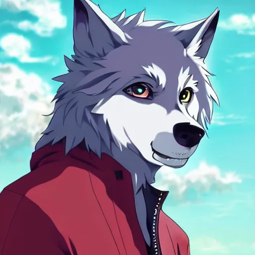 Image similar to key anime visual portrait of an anthropomorphic anthro wolf fursona, in a jacket, with handsome eyes, official modern anime art