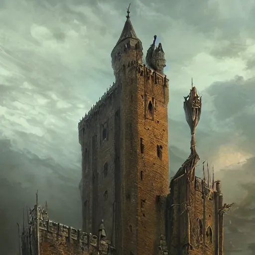 Image similar to a lonely and impossibly tall ominous gothic dark citadel tower of the evil patriarch, battlements, castle wall, portcullis, in a river elevated high above the city, flintlock fantasy capital city, scary gothic architecture, ultrawide lense, aerial photography, unreal engine, exquisite detail, 8 k, art by greg rutkowski and alphonse mucha