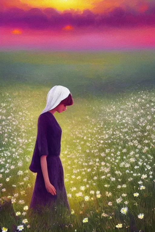 Image similar to white daisy flowers as head veil, girl walking in a flower field, surreal photography, sunrise, dramatic light, impressionist painting, colorful clouds, digital painting, artstation, simon stalenhag