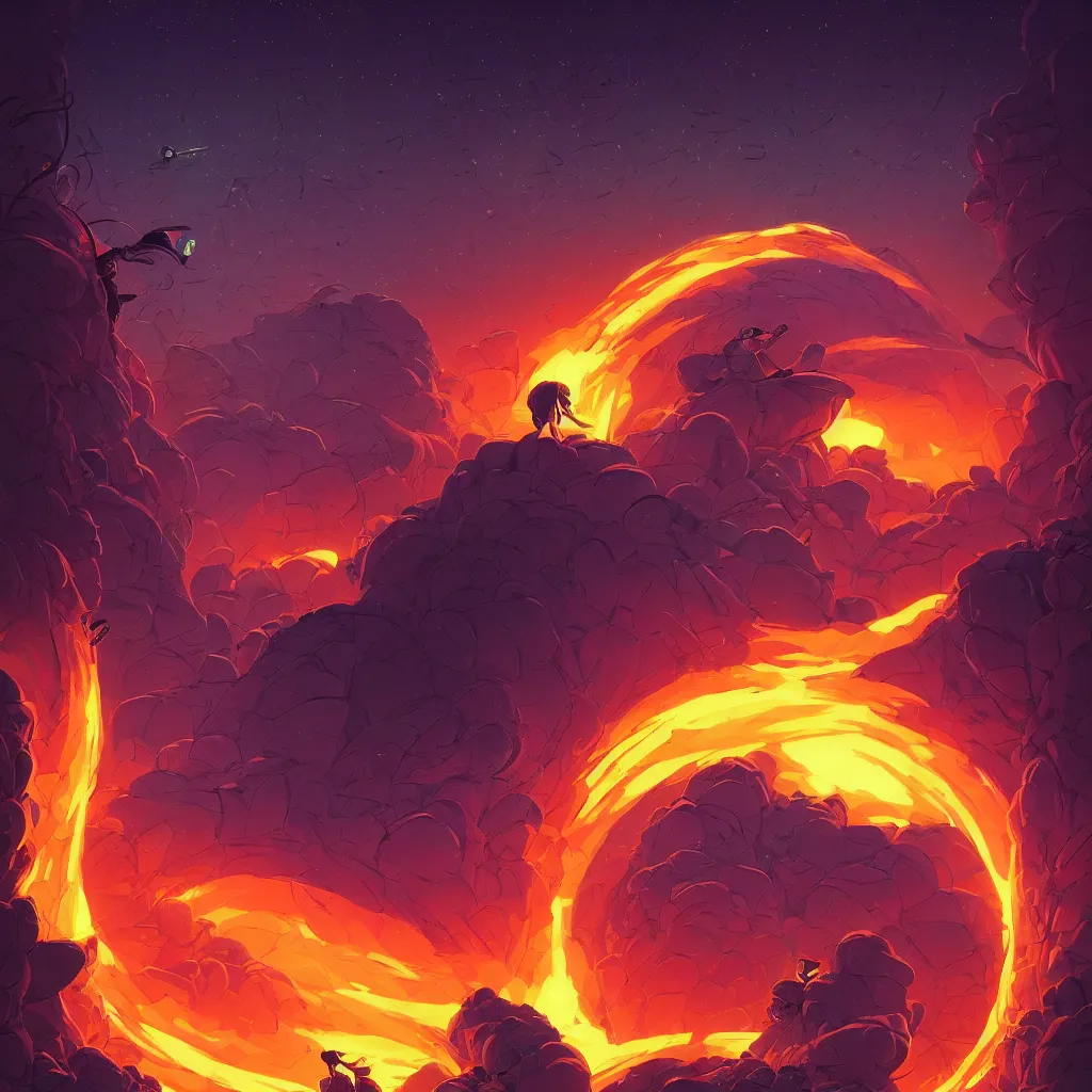 Prompt: Primal Atomic Energies, colorful pixar moongate, digital matte black paper art pastiche by Moebius and by Cyril Rolando, Beautiful epic night fire inscape, pastiche by Moebius, Cyril Rolando, Shawn Coss, Junji Ito, and Roger Dean