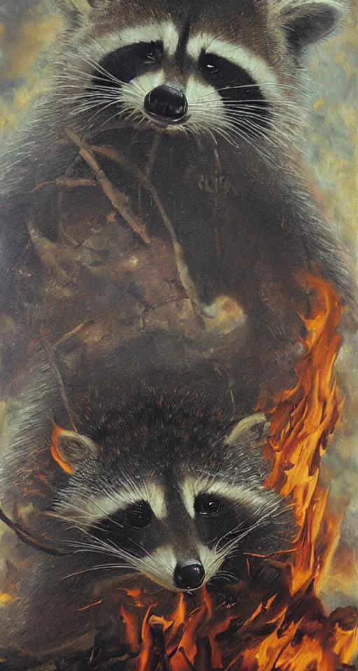 Prompt: bosch oil painting of a fire god raccoon, apocalyptic