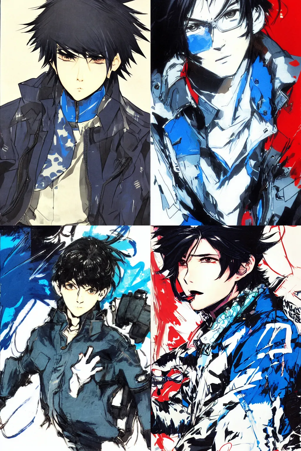 Prompt: portrait black-haired teenager with short wavy middle-parted hair, wearing a blue jacket, he is chipper and excited. drawn by Yoji Shinkawa. character design