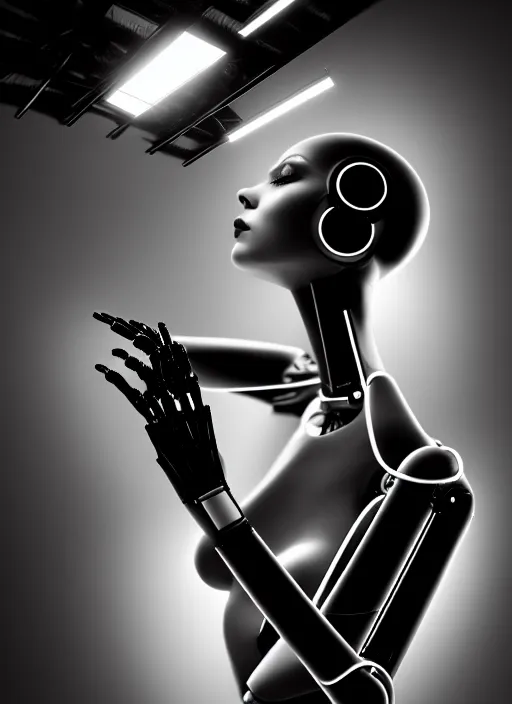 Image similar to surreal mythical dreamy dark artistic black and white fine art fashion portrait photo of a young beautiful delicate female metropolis robot giving birth, spiritual, halo, glory, rim light, cinematic, studio dramatic light, poetic, masterpiece, octane render, 8 k, photo - realistic by dora maar man ray