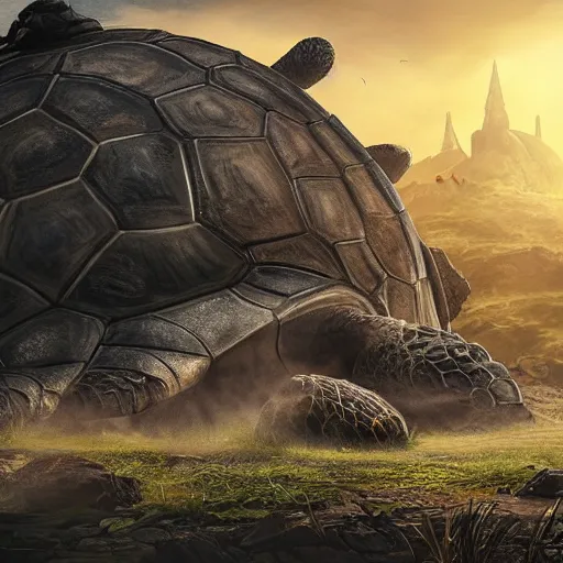 Image similar to tortoise moves across harsh wasteland with sharp rays of sunlight with a large fantasy castle covering the top of the giant tortoise similar to mortal engines or howls moving castle, distant - mid - shot, fantasy, hyper detailed, realistic