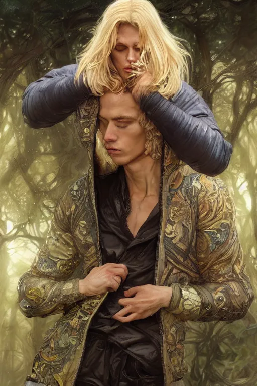 Image similar to portrait of a blonde herculian man in a bomber - jacket, flowing hair, forest, full body, muscular, fantasy, intricate, elegant, highly detailed, digital painting, artstation, concept art, sharp focus, illustration, art by artgerm and greg rutkowski and alphonse mucha