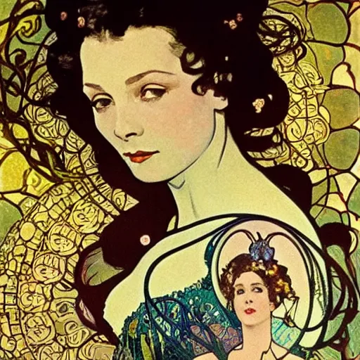 Image similar to vivien leigh with a spiraling nebula for hair beautiful detailed romantic art nouveau face portrait by alphonse mucha and gustav klimt, hauntingly beautiful refined moody dreamscape