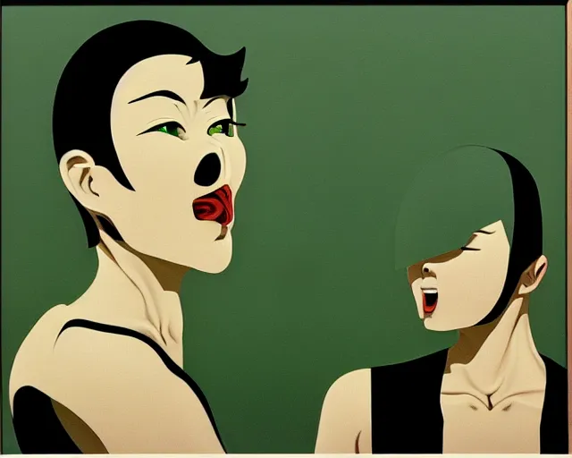 Prompt: a terrifying, disturbing painting by Hiroshi Nagai. Reg, green, and black