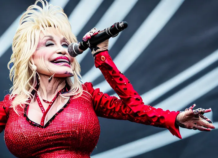 Image similar to photo still of dolly parton at the vans warped tour 2 0 1 8!!!!!!!! at age 3 6 years old 3 6 years of age!!!!!!!! stage diving into the crows, 8 k, 8 5 mm f 1. 8, studio lighting, rim light, right side key light