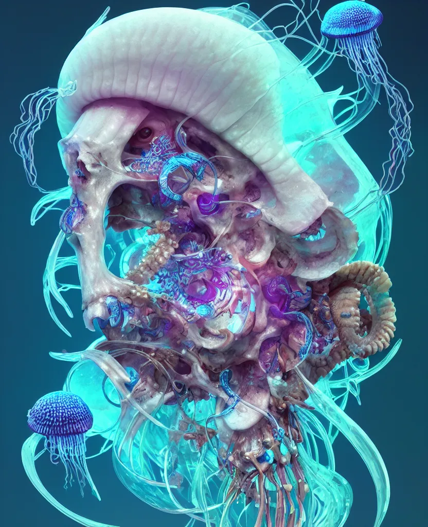 Image similar to goddess close-up portrait ram skull, thorax, x-ray, backbone, jellyfish phoenix head, nautilus, orchid, skull, betta fish, bioluminiscent creatures, intricate artwork by Tooth Wu and wlop and beeple. octane render, trending on artstation, greg rutkowski very coherent symmetrical artwork. cinematic, hyper realism, high detail, octane render, 8k