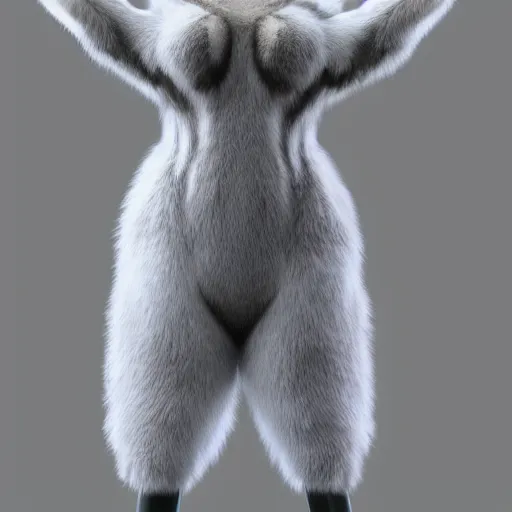 Image similar to 3 d render, well toned, large tall, female anthropomorphic wolf, blue fur with white spots, fur covering her chest.