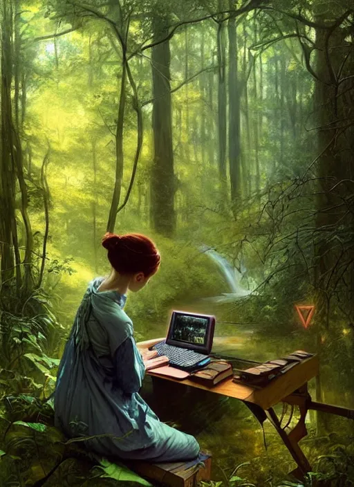 Image similar to computer in the woods by a stream, river gorgeous lighting, lush forest foliage blue sky a hyper realistic painting by chiara bautista and beksinski and norman rockwell and greg rutkowski, tom bagshaw weta studio, and lucasfilm