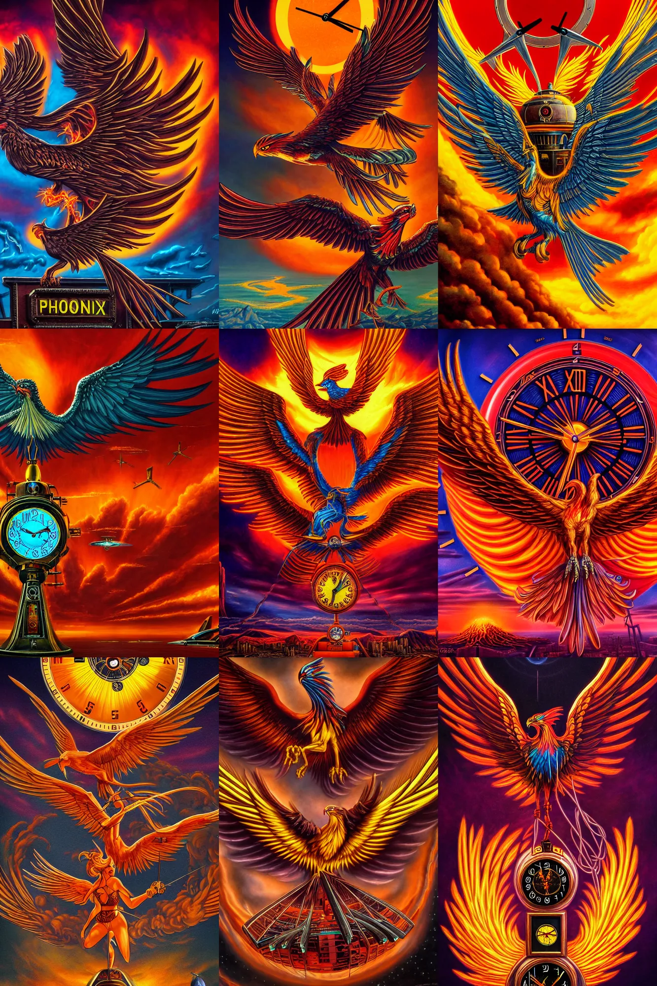 Prompt: phoenix in front of an atompunk clock, 7 0's fantasy art, extremely detailed, high resolution, award - winning, 4 k
