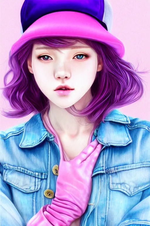 Image similar to gorgeous!!! hyper - realistic teenager girl with pink hair, light pink fedora hat and light pink jacket, with purple gloves, blue jeans and white shoes | drawn by wlop, drawn by jeehyung lee, drawn by artgerm | intricate, highly detailed, digital painting, character design, concept art, illustration, artstation