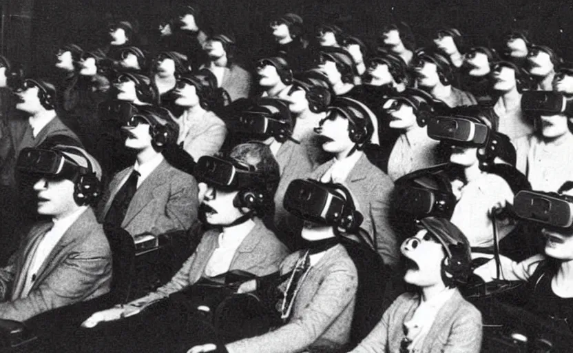 Image similar to 1 9 0 0 s photo of people wearing virtual reality headsets vr in a movie theater masterpiece old photograph