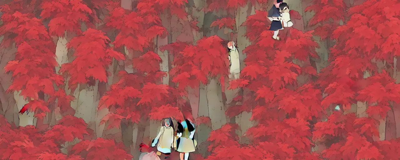 Image similar to an endless canopy of red leaves, illustrated style in the style of studio Ghibli, My neighbor totoro, day