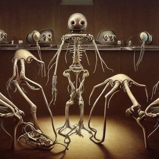 Image similar to a hyperrealistic painting of an alien surgery, robotic doctors, by john kenn mortensen and zdzislaw beksinski, highly detailed, vivid color,