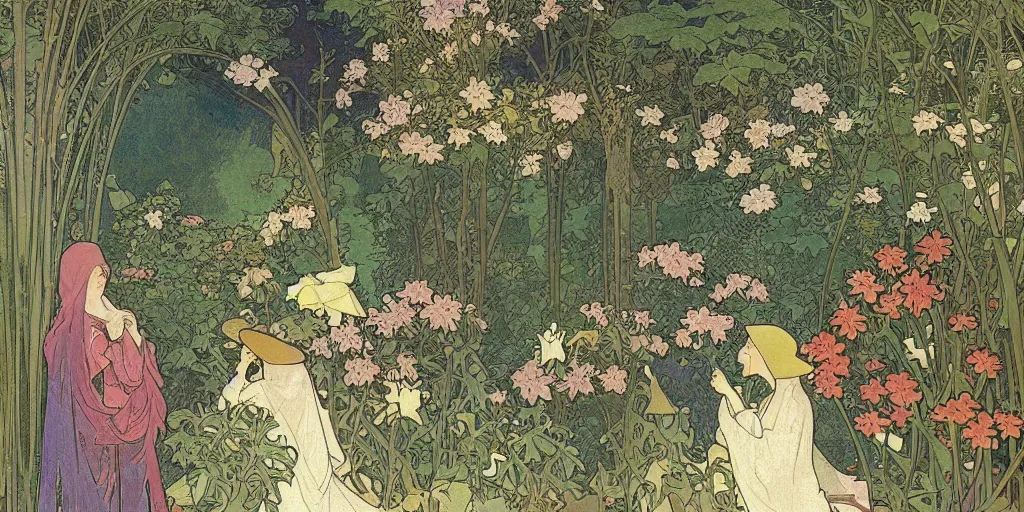 Image similar to an illustration of a beautiful garden, isometric view, painted by alphonse mucha and hieronymus bosch and hasui kawase, dramatic lighting, vivid colours.