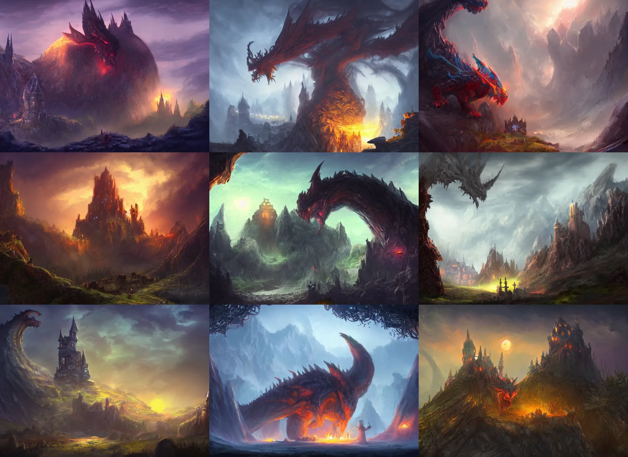 Prompt: a beautiful magical fantasy landscape with a glorious ancient castle, at night, in the darkness, protected by a big troll and a majestic big fiery dragon, concept art, artstation, award - winning