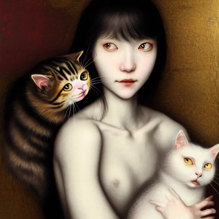 Image similar to renaissance portrait of the secretive vampire girl loner smiling at her cat, by yoshitaka amano, casey baugh, steve caldwell, gottfried helnwein, yasunari ikenaga, nico tanigawa, and artgerm rendered with 3 d effect.