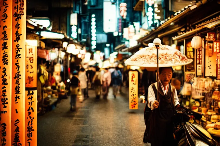 Prompt: cinematography of a Kyoto street vendor by Emmanuel Lubezki