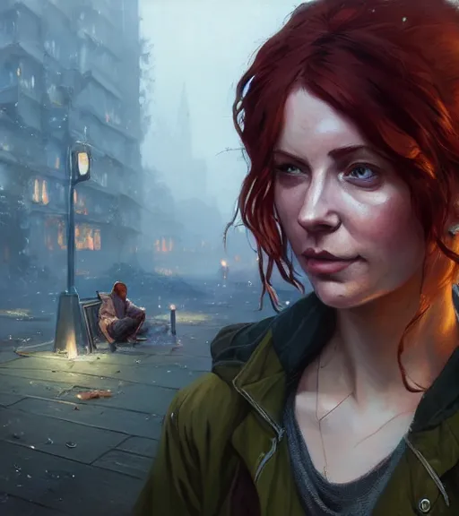 Prompt: Highly detailed portrait of homeless Triss Merigold, in GTA V, Stephen Bliss, unreal engine, fantasy art by Greg Rutkowski, Loish, Rhads, ferdinand knab, Makoto Shinkai and Lois van baarle, ilya kuvshinov, rossdraws, Tom Bagshaw, global illumination, radiant light, detailed and intricate environment