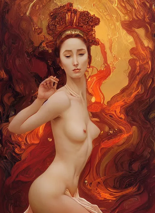 Prompt: Portrait of a beautiful priestess from the oracle of Delphi, looking into the flames, greek mythology, lecherous pose, in the style of Julia Ustinovich, digital art, Vladimir Volegov, beksinski and dan mumford, giygas, Alphonse Mucha, Ayami Kojima, Amano, Charlie Bowater, Karol Bak, Greg Hildebrandt, Jean Delville, and Mark Brooks, Art Nouveau,