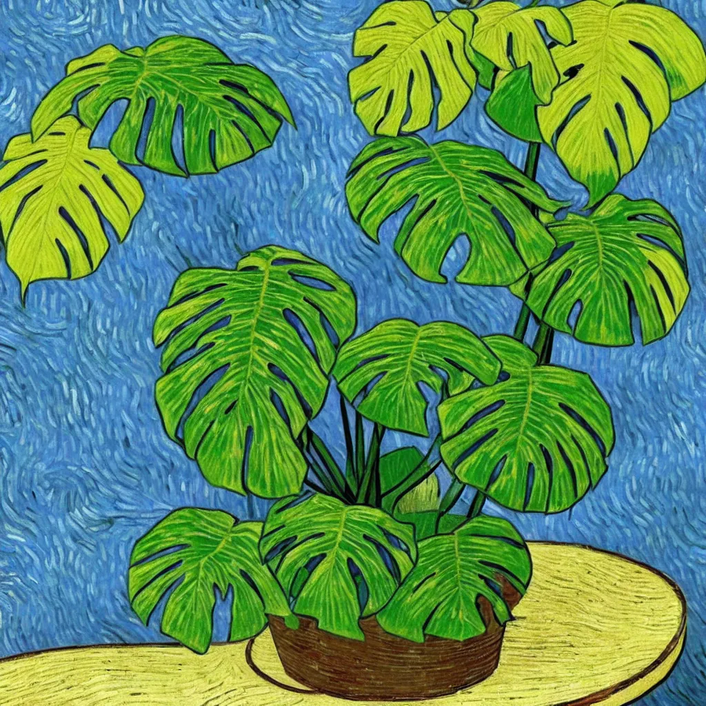 Prompt: A beautiful variegated monstera plant on a table in the style of Van Gogh