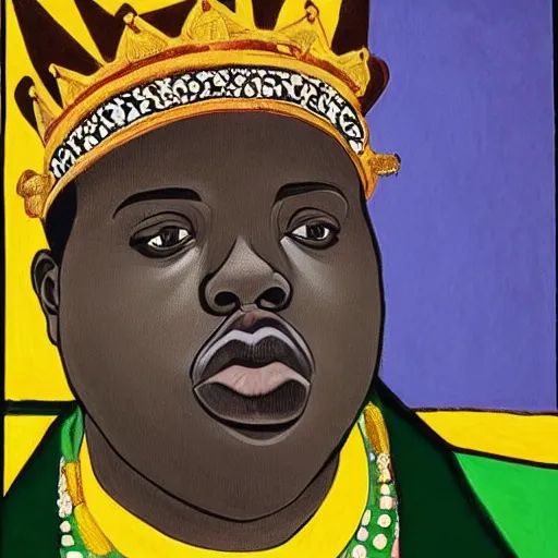 Prompt: a single biggie smalls, notorius B.I.G, wearing a crown, portrait, medium shot, symmetrical face and body, single face, single nose, single mouth, accurate, hyperdetailed, intricate detail, insanely detailed and intricate, in the style of Henri Matisse, edge to edge, solid color background intricate, highly detailed, smooth, sharp focus, detailed face and body, high contrast