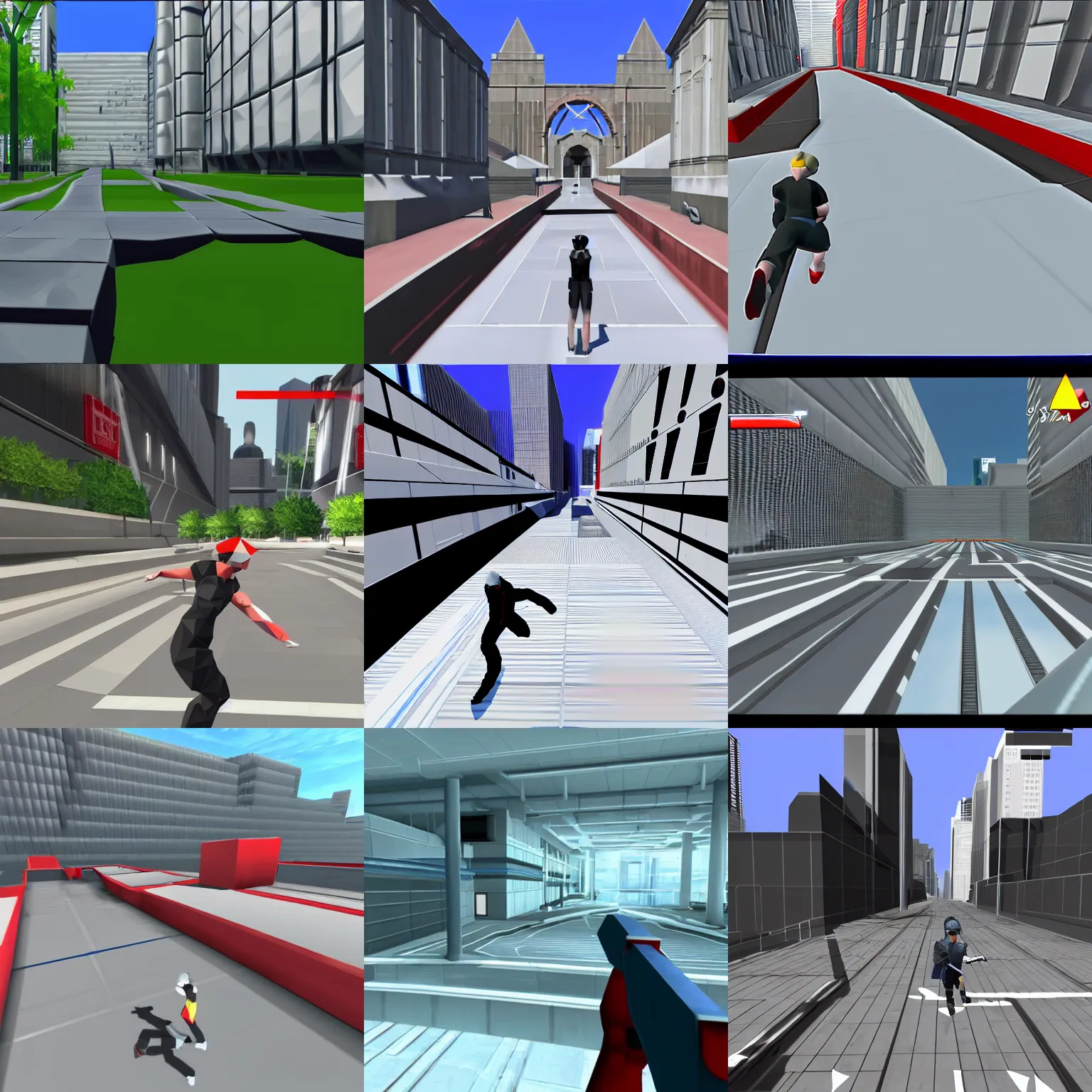 Prompt: a screenshot of the video game Mirror's Edge for the Nintendo 64, low poly, low resolution, bad graphics