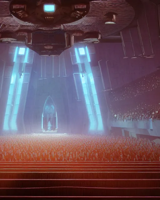 Image similar to scifi movie scene digital matte painting of a crowd in a futuristic church by craig mullins and ghibli, strong contrast, priest, pews, ethereal, inviting, bright, raking light, unreal engine 5, hyper realism, realistic shading, cinematic composition, blender render, octane render, hdr, detailed textures, photorealistic, wide shot