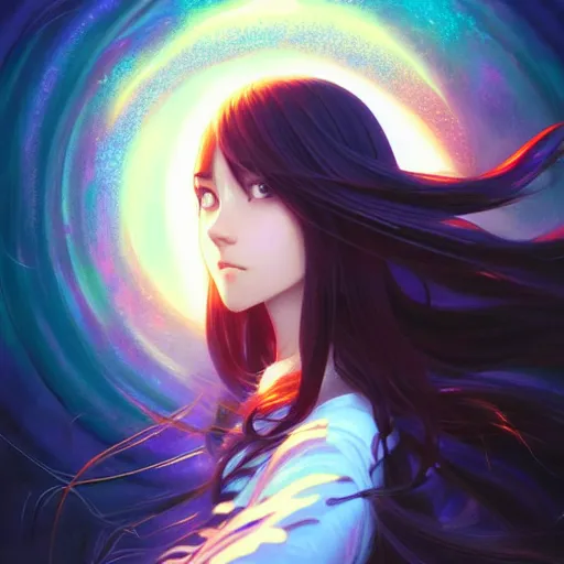 Image similar to a beautiful girl with long dark hair, going through a portal between worlds, intricate, highly detailed, digital painting, artstation, official media, anime key visual, concept art, rich vivid colors, ambient lighting, sharp focus, illustration, art by Artgerm, Makoto Shinkai, Ilya Kuvshinov, Lois Van Baarle, and Rossdraws