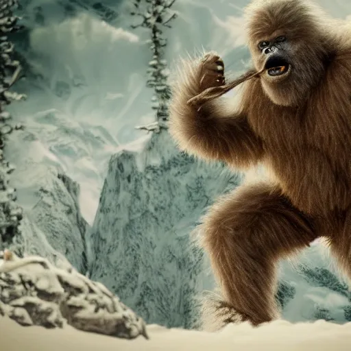 Prompt: a high detailed realistic photo of a yeti battling a sasquatch