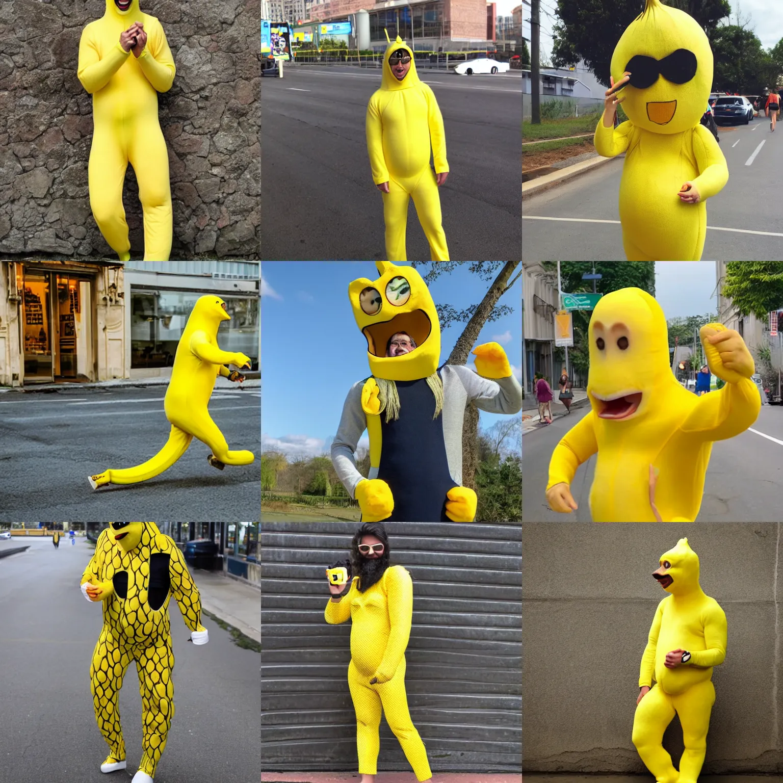 Prompt: banana suit, person in banana suit