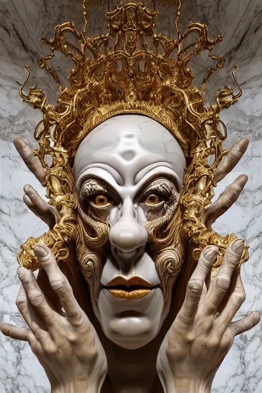 Prompt: Epic view of intricate stained Clown multiple faces looking backwards using a golden veil statue sculpted on white marble by Antonio Corradini, Wayne Barlowe and Artem Demura