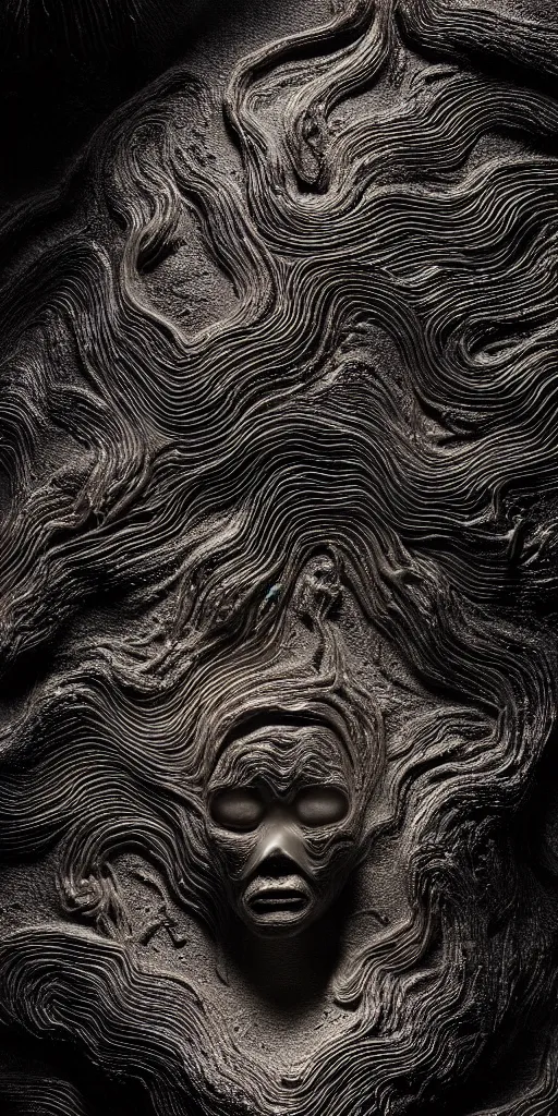 Image similar to a photorealistic render of a topographic sculpture made of melted metal and bioluminescent beings on a black background, c 4 d, by zhelong xu ouchh studio and ernst haeckel, wide angle, hyper realistic, plain black background, 8 k, volumetric lightning, octane render