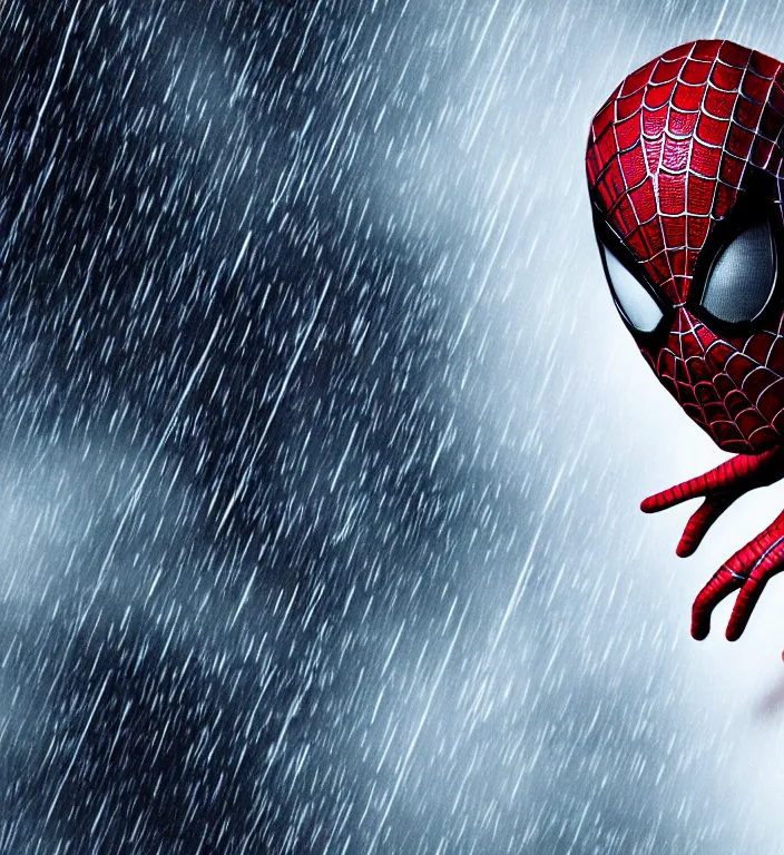 Image similar to cinematic of tobey maguire as spiderman, dramatic rain, 8 k