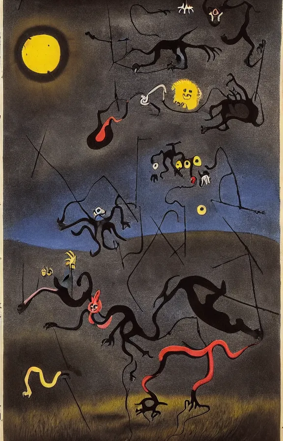 Prompt: many vicious but distant creatures roaming around an open plain, seen from a high vantage point, the sheer terror in the wilderness, nocturnal dramatic apocalyptical lighting, in the style of joan miro