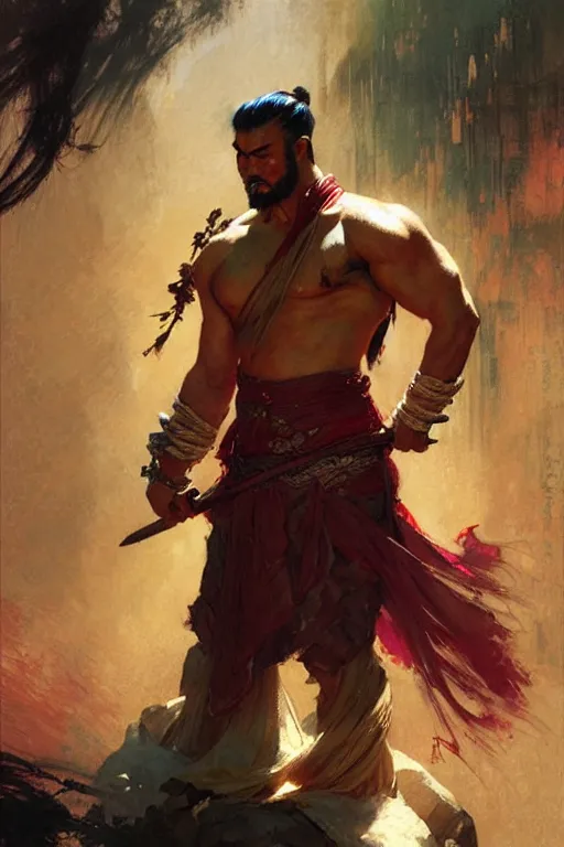 Image similar to wuxia, attractive beefy man, character design, colorful, painting by gaston bussiere, craig mullins, greg rutkowski, j. c. leyendecker