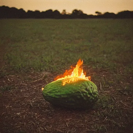 Image similar to “a burning avocado chair in the middle of an empty field at night. 35mm film. Cursed image.”