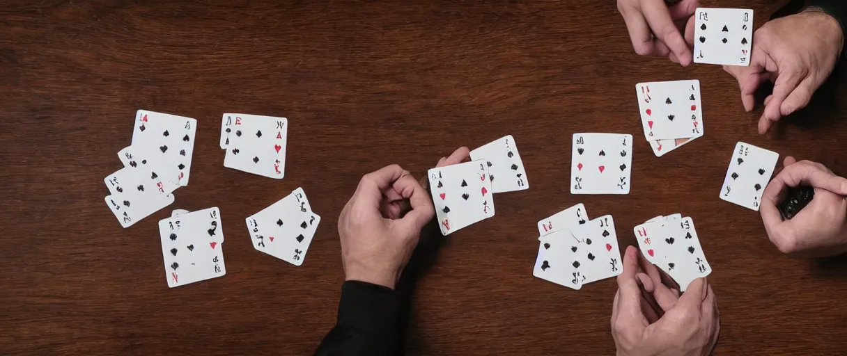 Image similar to a high quality color extreme creepy atmospheric wide dutch angle hd 4 k film 3 5 mm photograph of closeup of hands of caucasian men playing cards on a table with a full ashtray & cigarette smoke