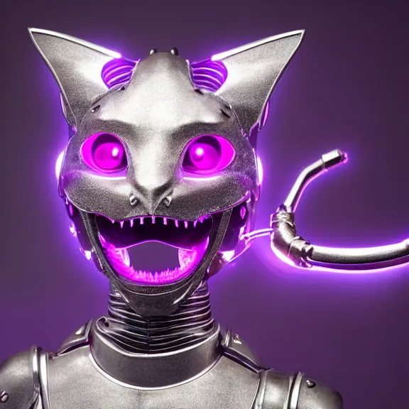 Image similar to high quality close up headshot of a cute beautiful stunning robot anthropomorphic female dragon with metal cat ears, with sleek silver metal armor, purple flesh, glowing LED eyes, facing the camera, high quality maw open and about to eat you, you being dragon food, the open maw being detailed and soft, sharp teeth, soft lulling tongue, highly detailed digital art, furry art, anthro art, sci fi, warframe art, destiny art, high quality, 3D realistic, dragon mawshot, maw art, furry mawshot, macro art, dragon art, Furaffinity, Deviantart