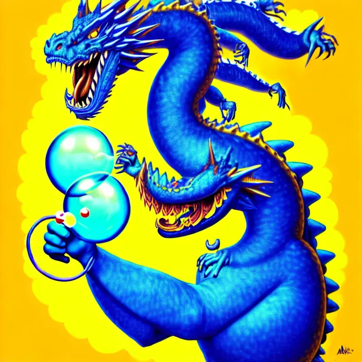 Image similar to a chubby anthropomorphic male blue dragon wearing a yellow t - shirt blowing a bubble, by alex grey, intricate details, artstation, cute, furry, psychedelic, hd, beautiful