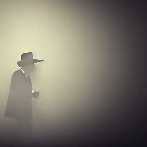 Image similar to mysterious man in black suit and black hat, he has a pistol, smoke, fog, mysterious, 4 k, highly detailed, digital art, strong shadows, high contrast, epic scene, atmospheric, blue colours