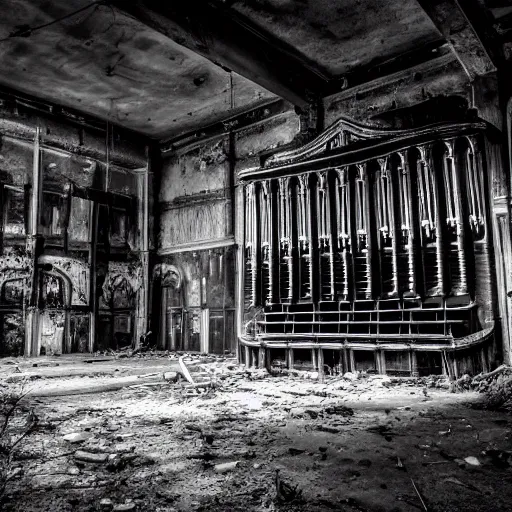 Prompt: black and white photo of a haunted pipe organ in an abandoned warehouse, dirty, hazy, depressing, haunted