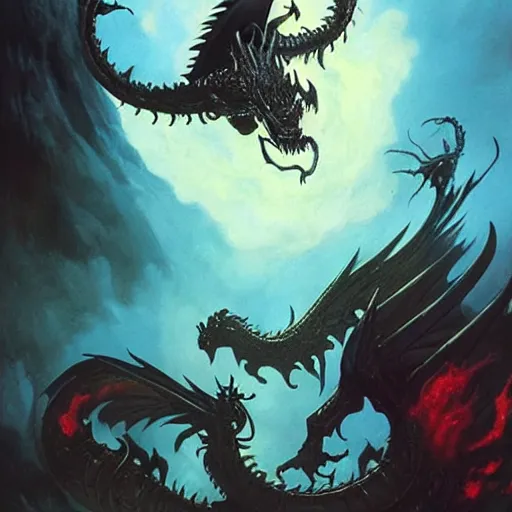 Image similar to flying black dragon spitting acid, d & d, fantasy, greg rutkowski, frank frazetta, alexandre chaudret, boris vallejo, michael whelan, miro petrov, hr giger, magali villeneuve, donato giancola