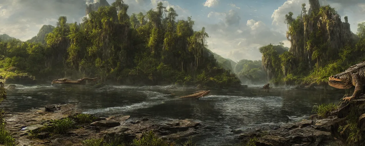 Image similar to crocodile next to river, beautiful dynamic lighting, cinematic, wide angle establishing shot, extremely high detail, photo realistic, cinematic lighting, post processed, concept art, artstation, matte painting, style by frederic church, raphael lacoste, unreal engine 8 k