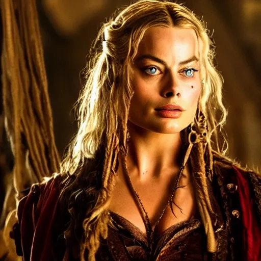 Image similar to stunning awe inspiring margot robbie as a pirate in pirates of the caribbean, movie still 8 k hdr atmospheric lighting