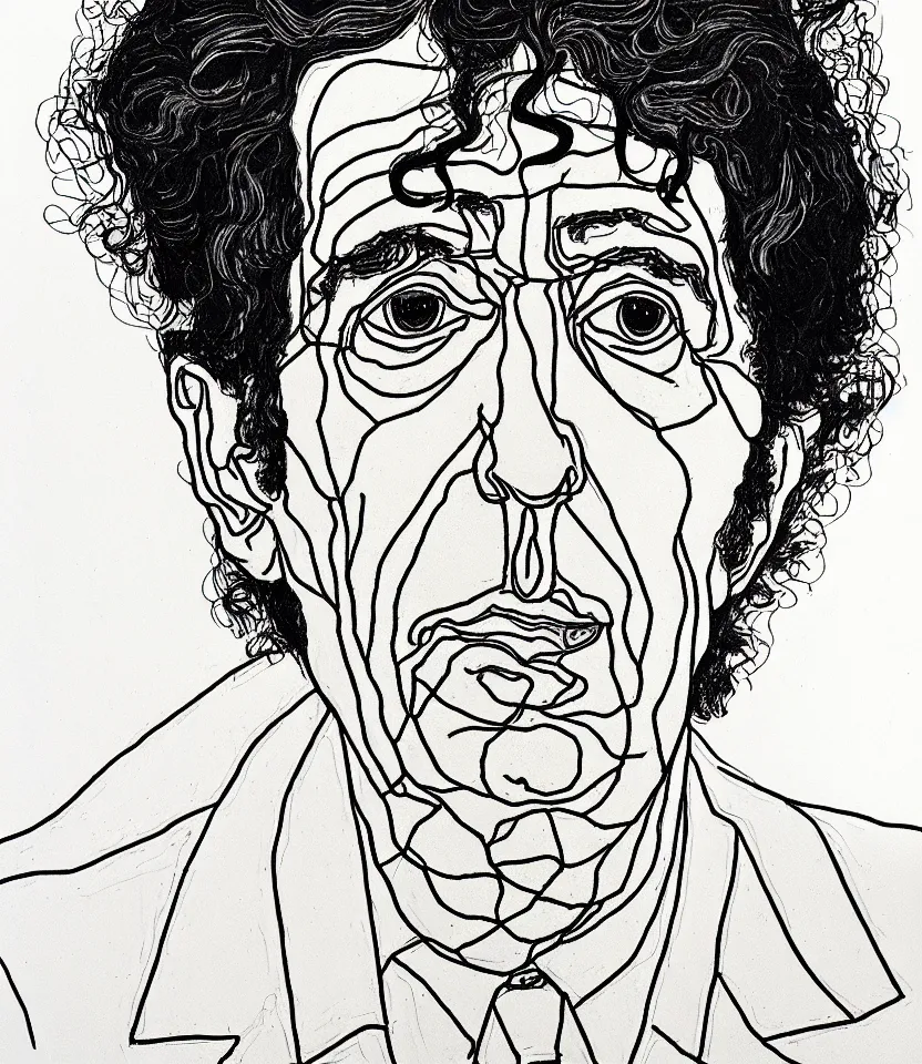 Image similar to detailed line art portrait of leonard cohen, inspired by egon schiele. caricatural, minimalist, bold contour lines, musicality, soft twirls curls and curves, confident personality, raw emotion