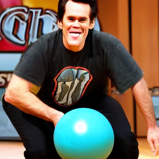 Image similar to a bowling ball carrier with a print of spherical jim carrey